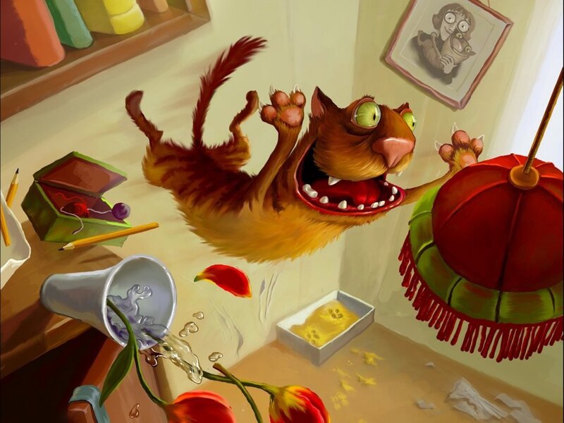 cat in chaotic room