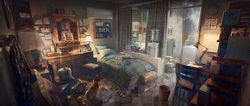 Cat in Cluttered Bedroom