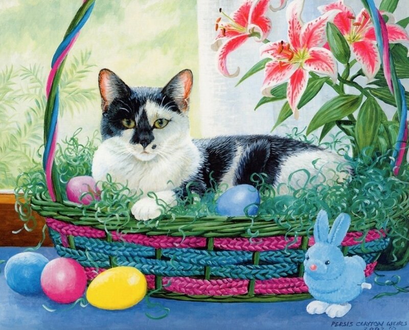 Cat in Easter Basket — Green