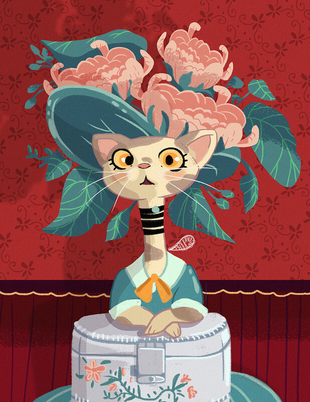 Cat in Floral Hat — Red