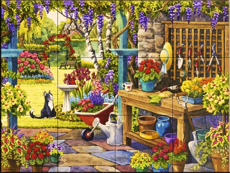 Cat in Garden — Green, Serene, Spring, Illustration