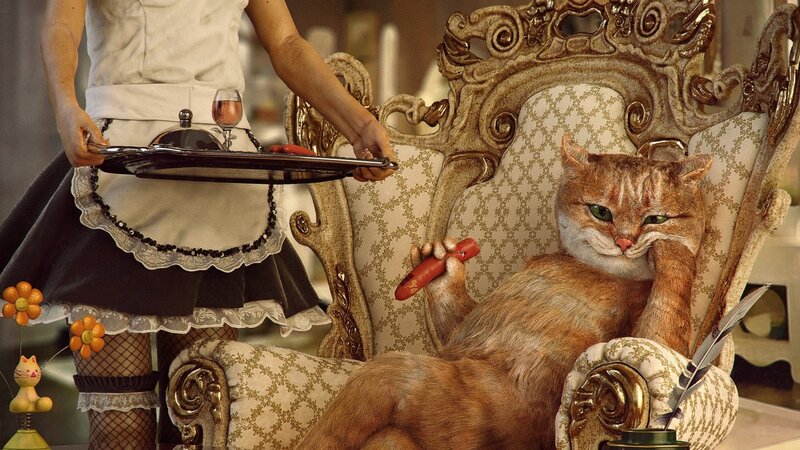 Cat in Ornate Chair — Brown, Comical