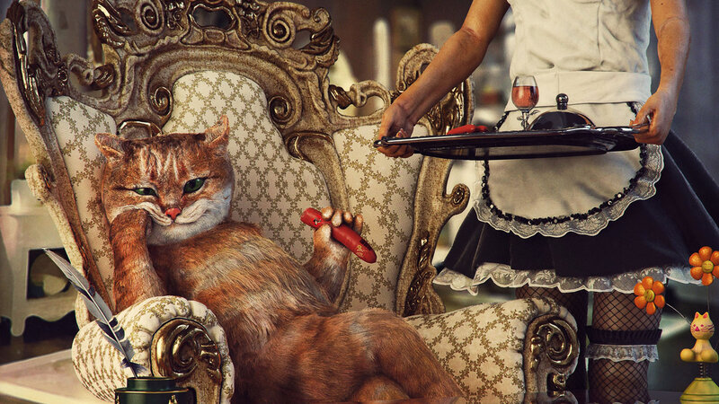 Cat in Ornate Chair — Brown