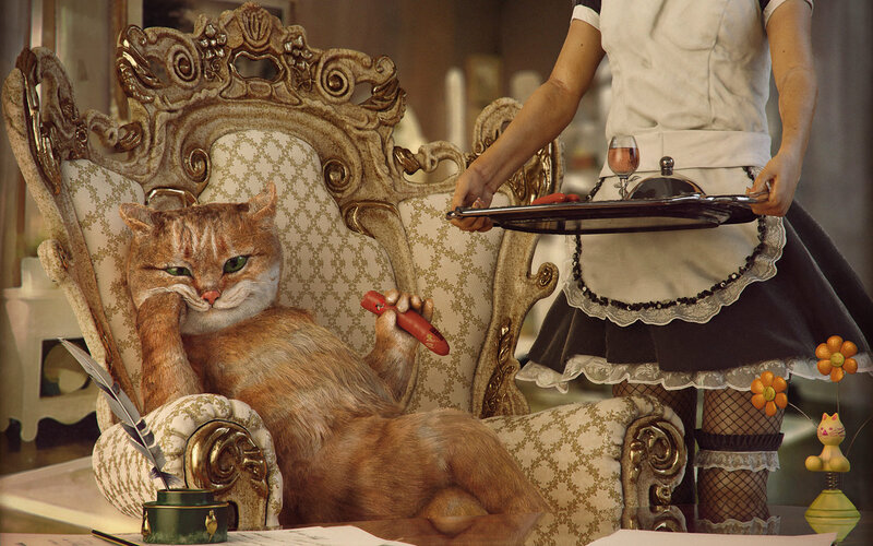 cat in ornate chair with maid