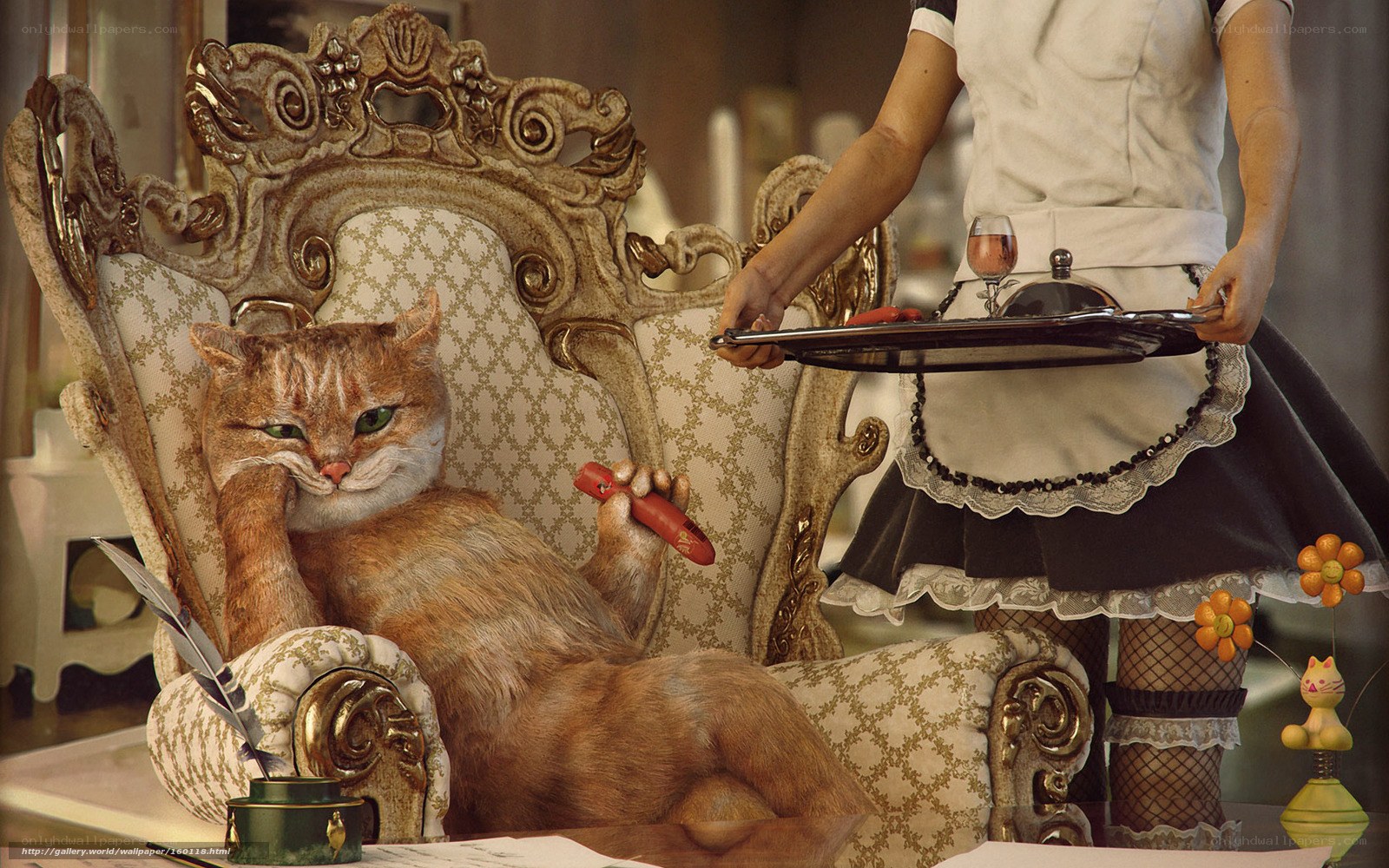 cat in ornate chair with maid
