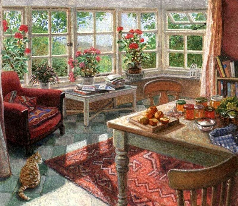 Cat in Sunlit Room — Red