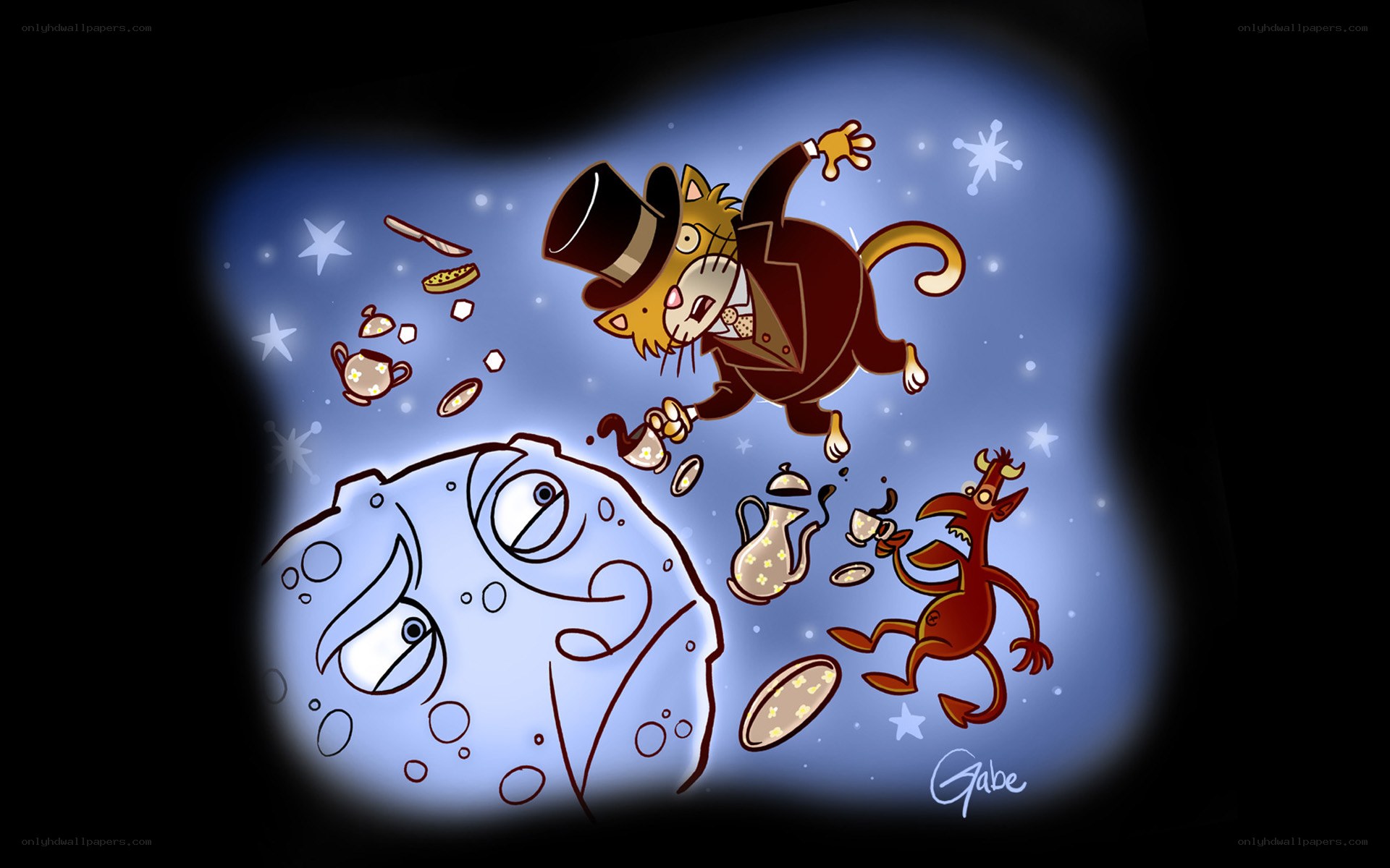 Cat in top hat floating with moon