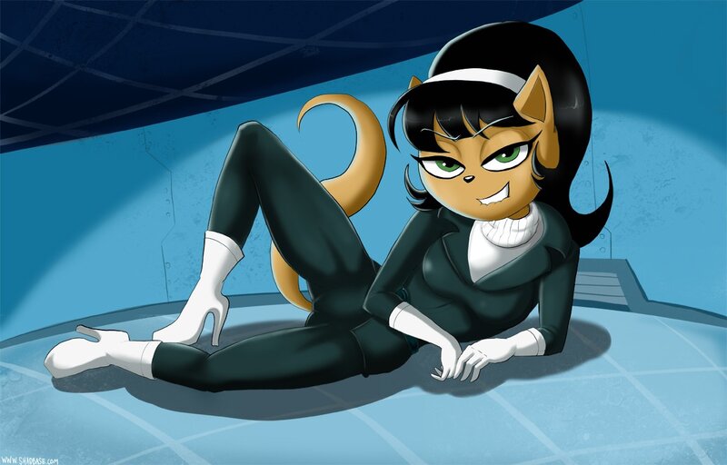 cat-like character in black suit
