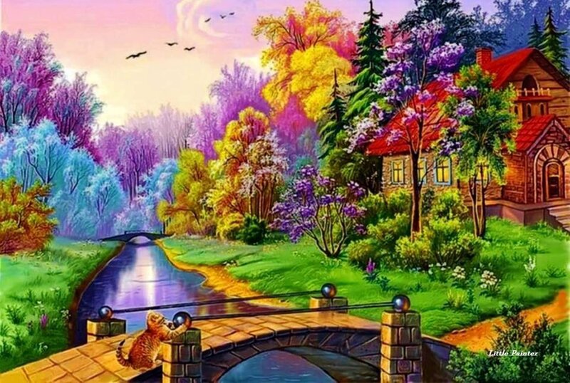 Cat on a Bridge — Green, Serene, Sunset