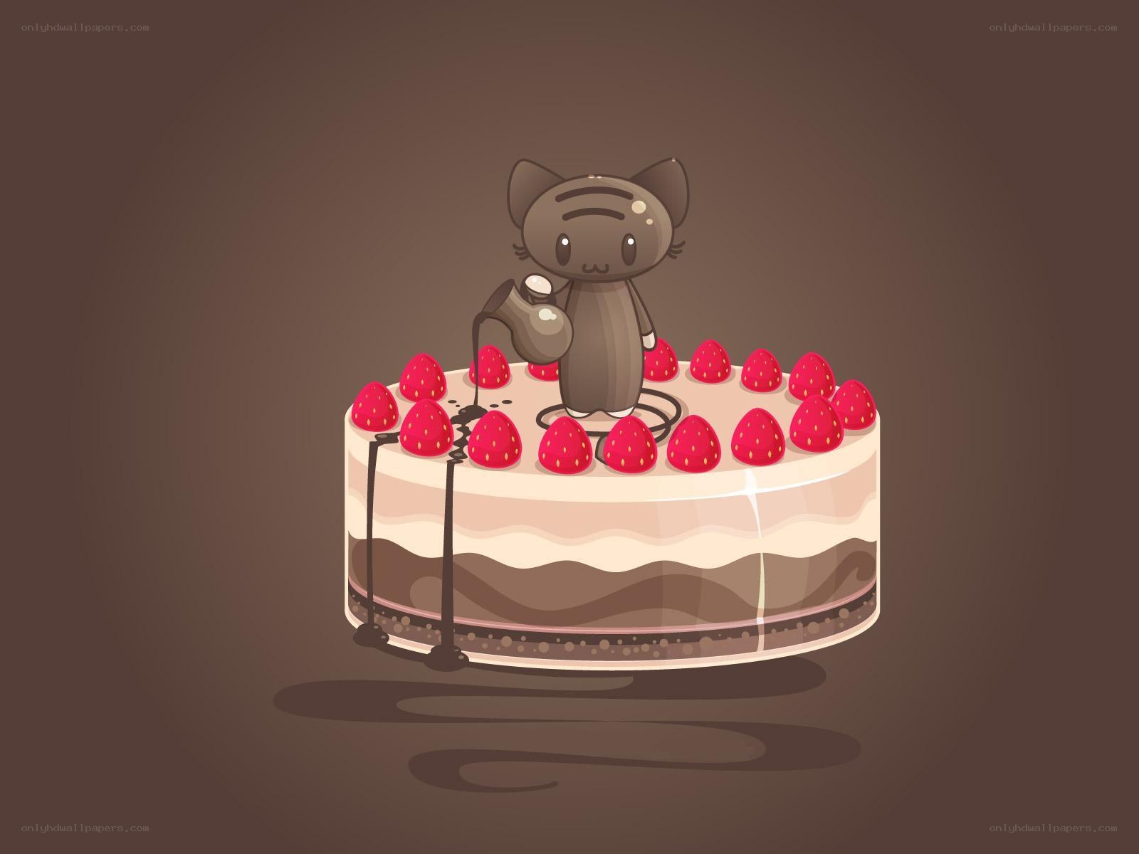 cat on a cake with strawberries