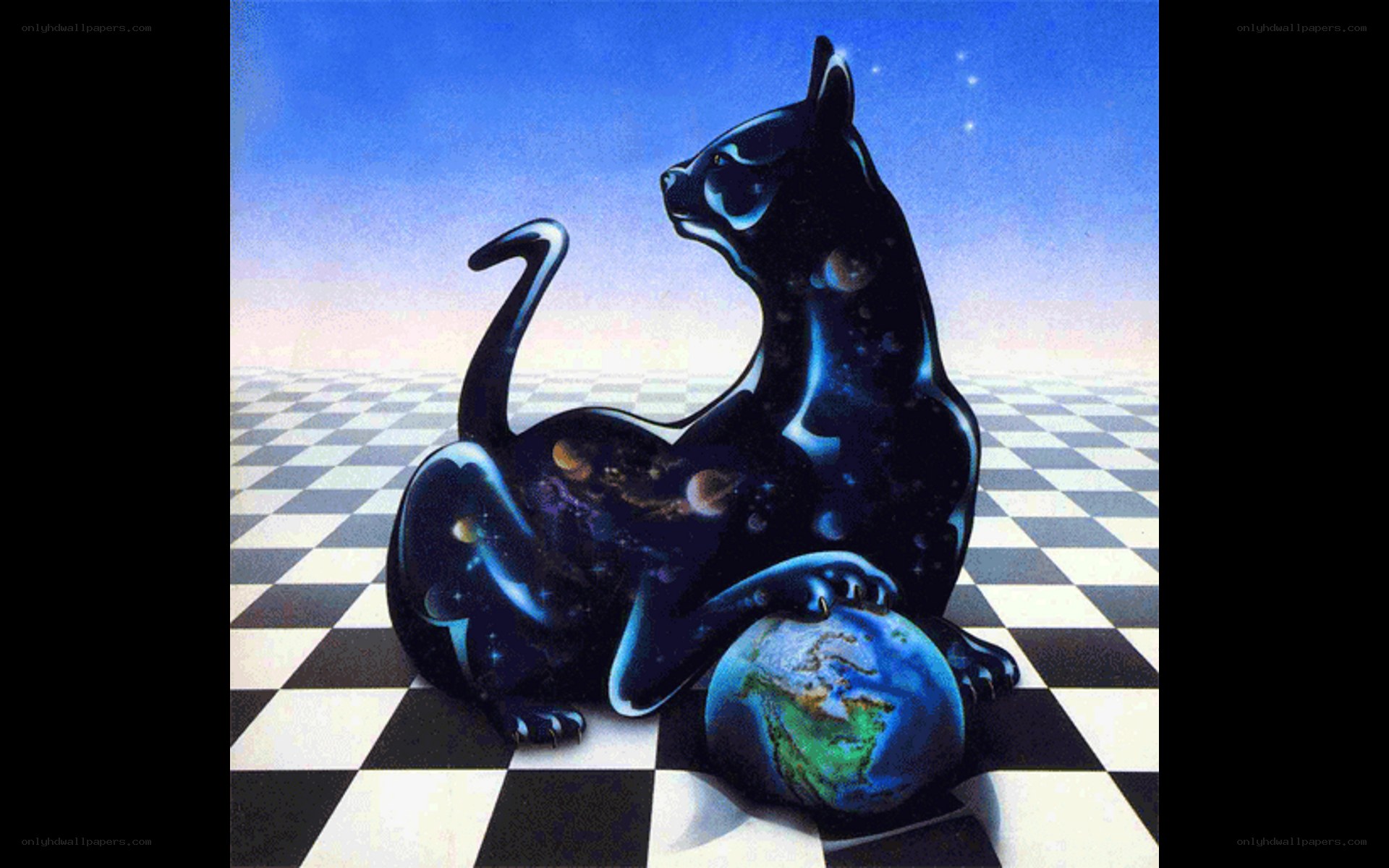 cat on a chessboard with earth
