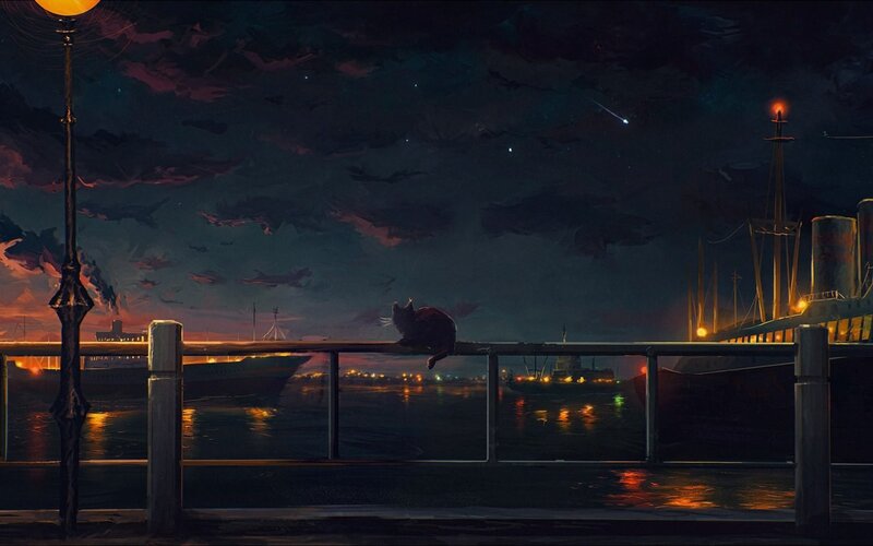 Cat on a Pier — Dark Blue