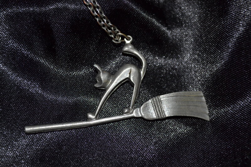 Cat on Broomstick Pendant