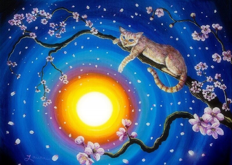 Cat on Cherry Blossom Branch — Blue