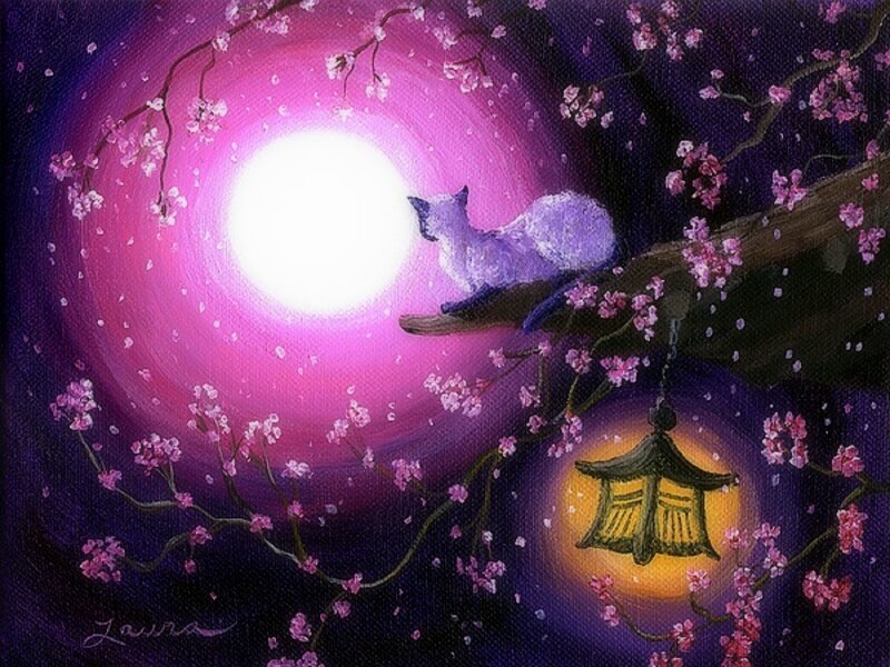 Cat on Cherry Blossom Branch — Purple