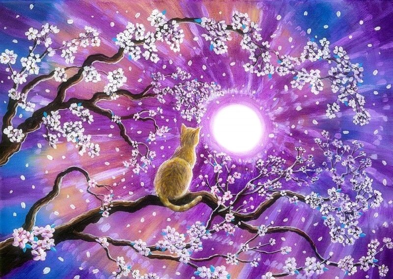Cat on Cherry Blossom Branch