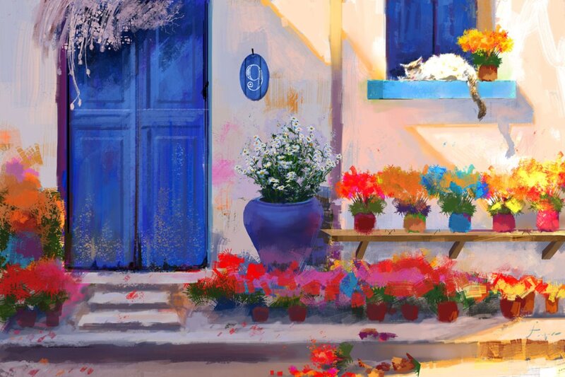 Cat on Flower-filled Porch