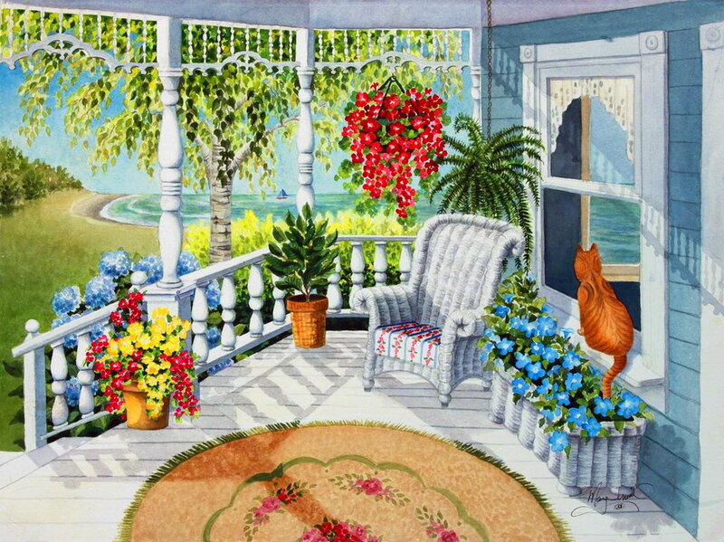 Cat on Porch — Blue