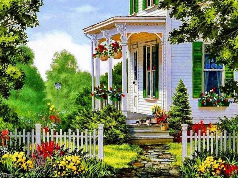 Cat on Porch Steps — Green, Serene