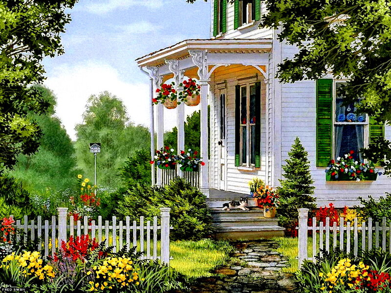 Cat on Porch Steps — Green