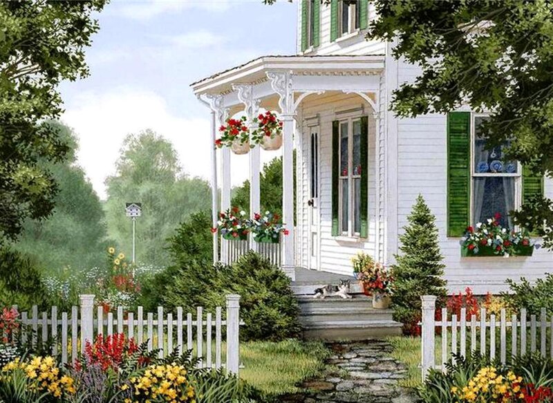 Cat on Porch Steps — White, Serene