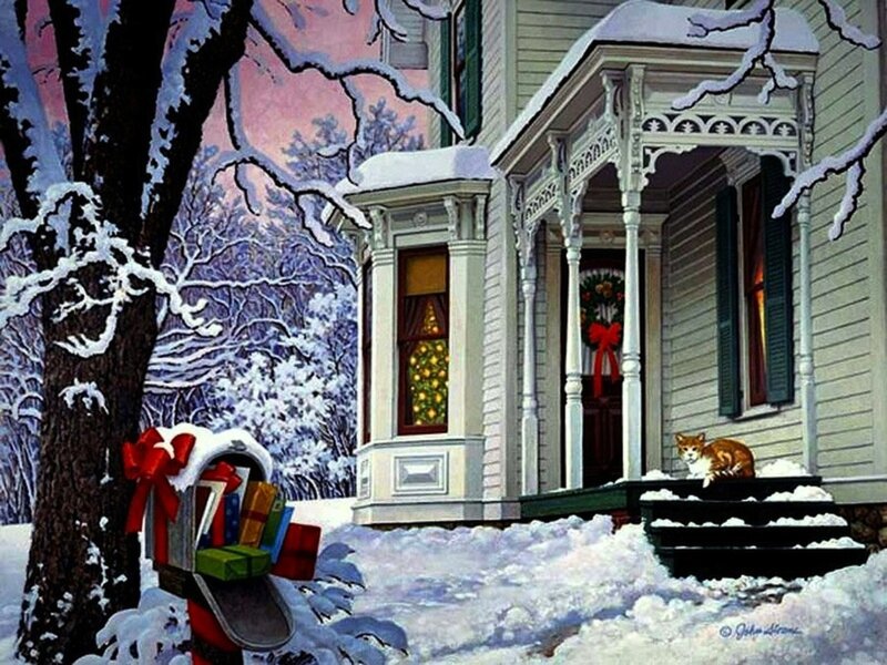Cat on Porch Steps — White