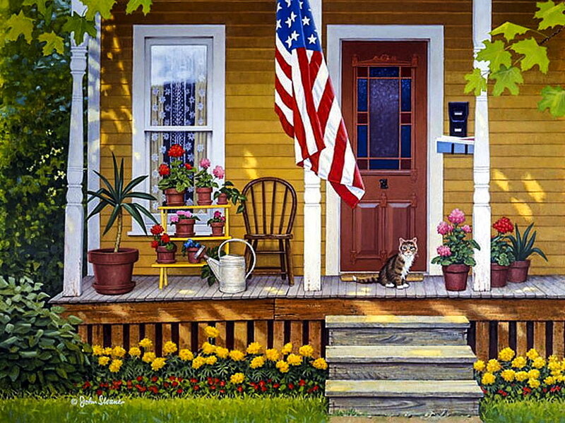 Cat on Porch — Yellow