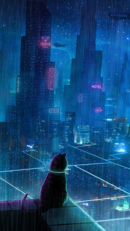 Cat on Rooftop — Blue, Nocturnal