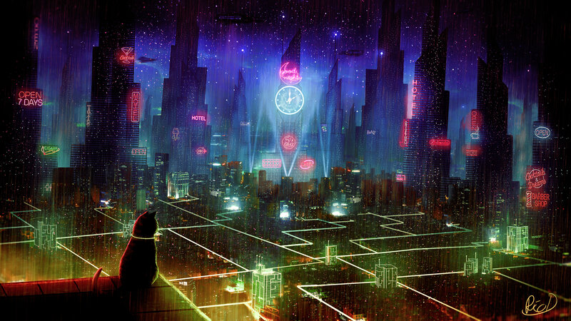 Cat on Rooftop — Purple, Dystopian