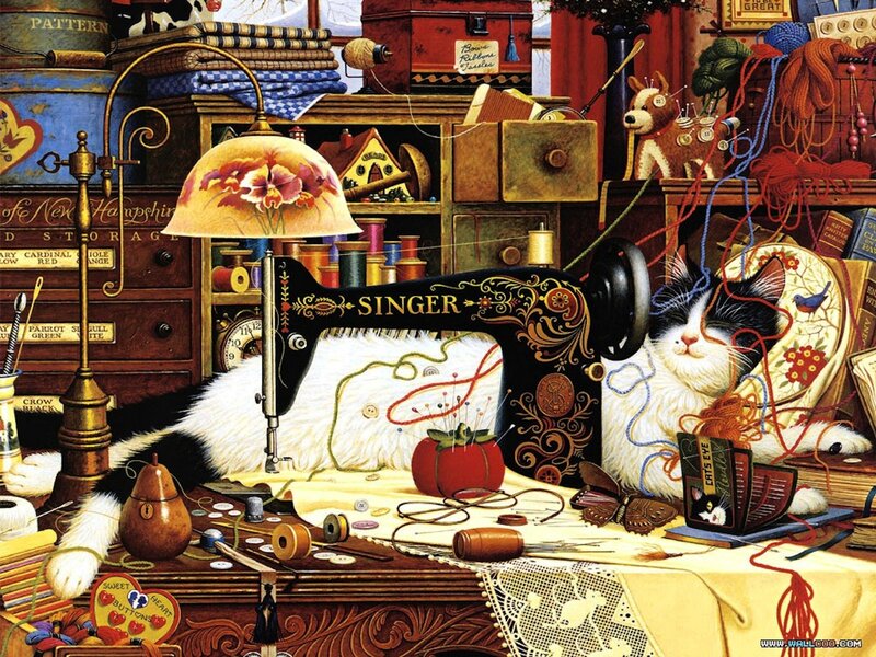 Cat on Sewing Machine — Black, Cozy