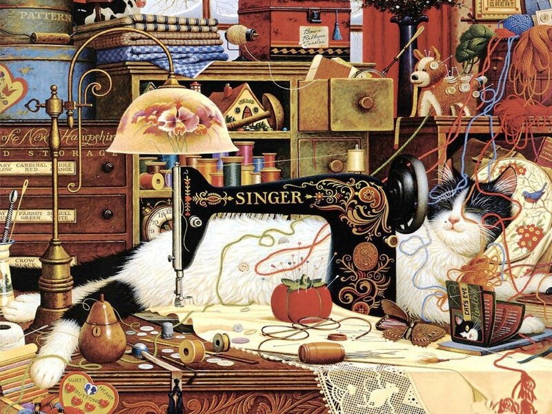 Cat on Sewing Machine — Black