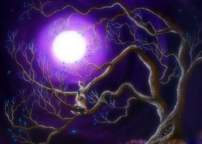 Cat on Tree Branch — Purple, Mystical