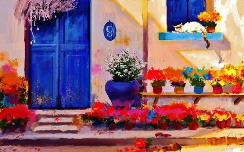 Cat on Windowsill — Blue, Colorful