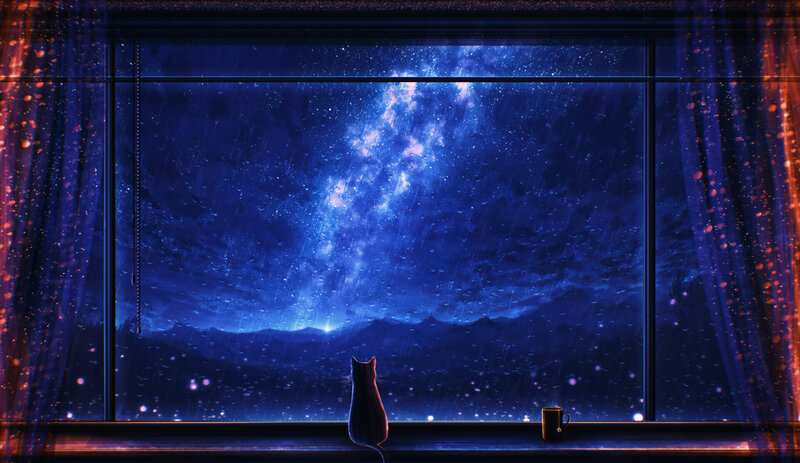 Cat on Windowsill — Blue, Serene, Night, Digital Art, Window
