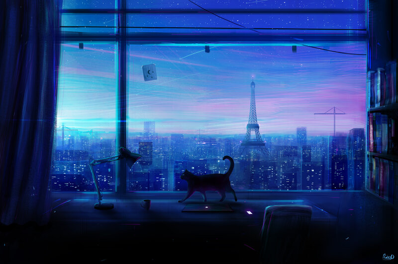 Cat on Windowsill — Blue, Serene, Night