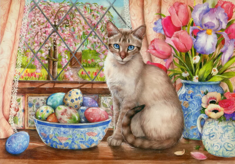 Cat on Windowsill — Blue, Serene, Spring, Painting