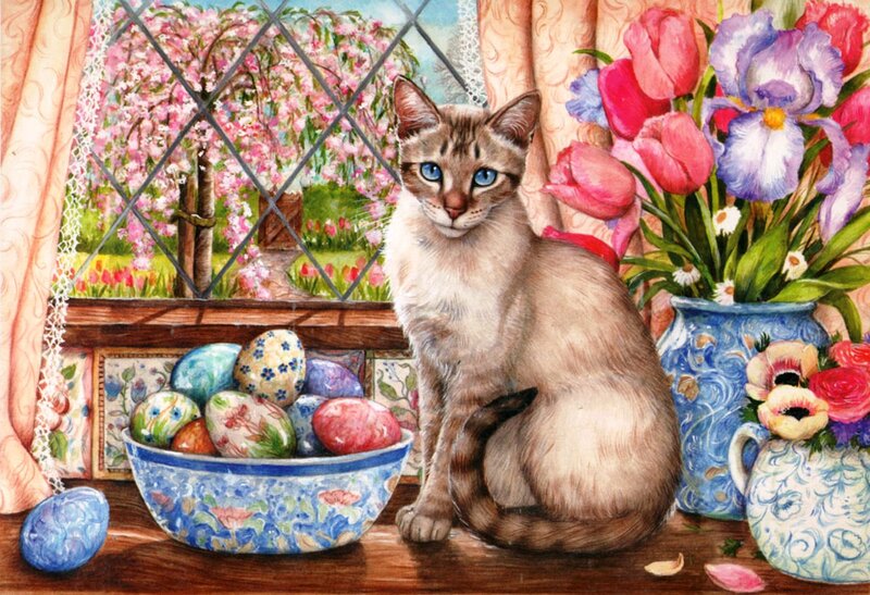 Cat on Windowsill — Blue, Serene, Spring