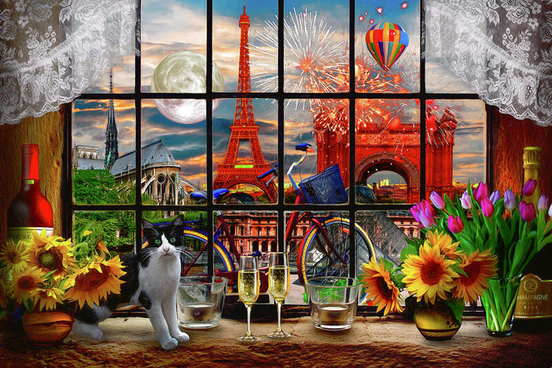 Cat on Windowsill — Red, Festive