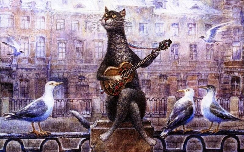 Cat Playing Guitar — Gray