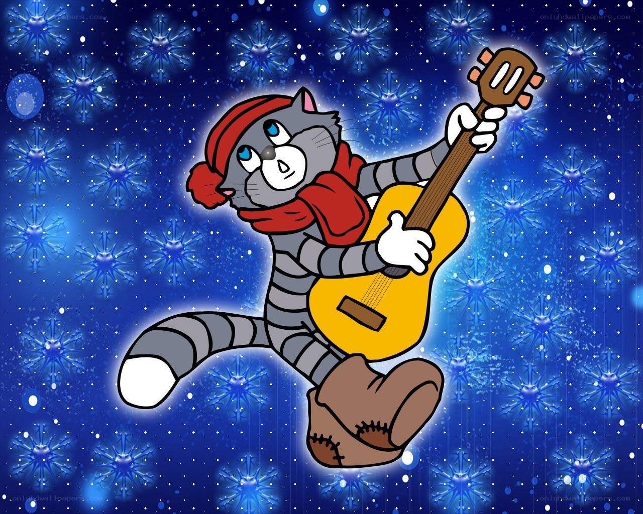 cat playing guitar in snow