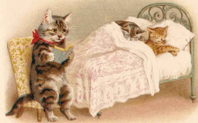 Cat Reading to Kittens
