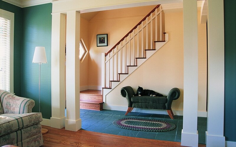 Cat resting under staircase