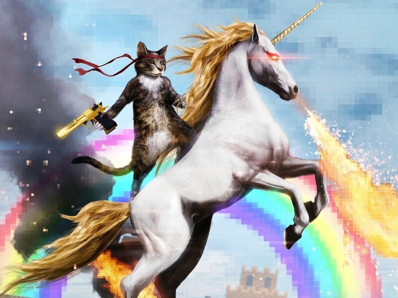 Cat Riding Unicorn — White, Chaotic, Digital Art