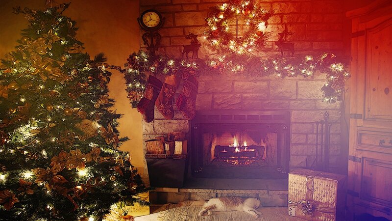 Cat Sleeping by Fireplace — Red