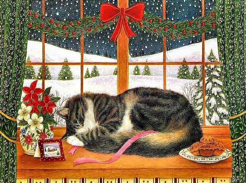 Cat Sleeping on Windowsill — Green