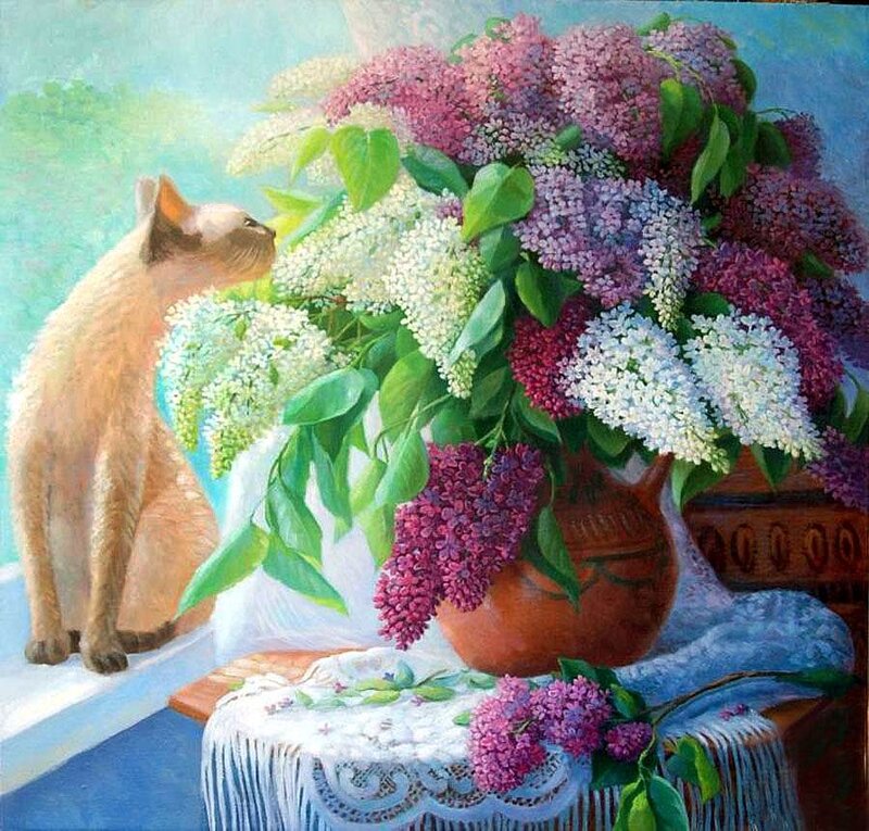 Cat Sniffing Lilacs