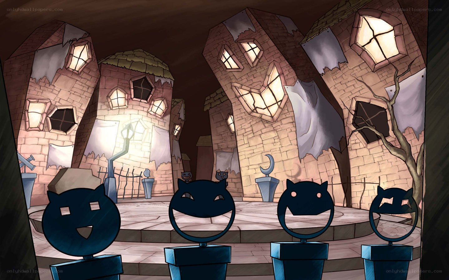 Cat statues in a spooky village