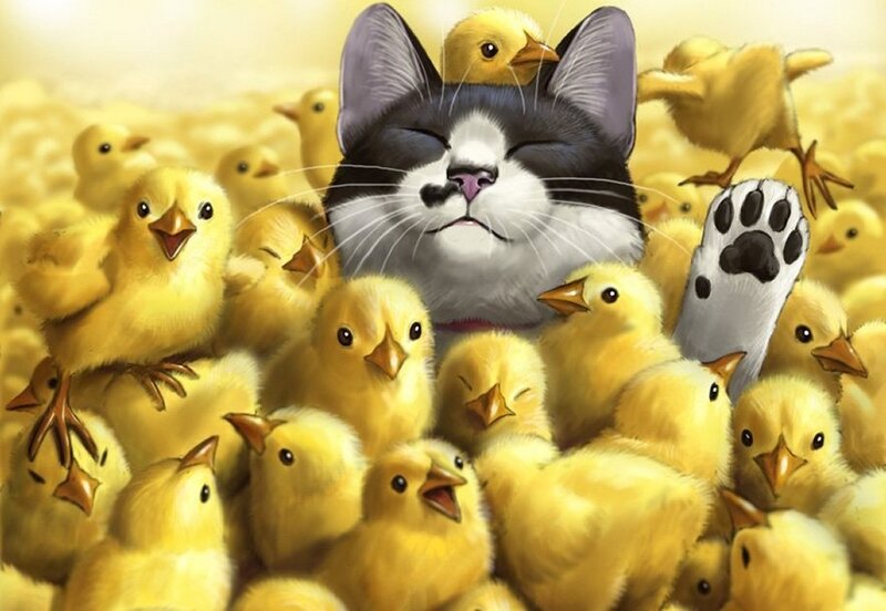 Cat Surrounded by Chicks