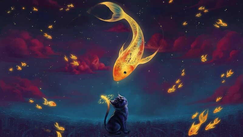 Cat Watching Fish — Blue