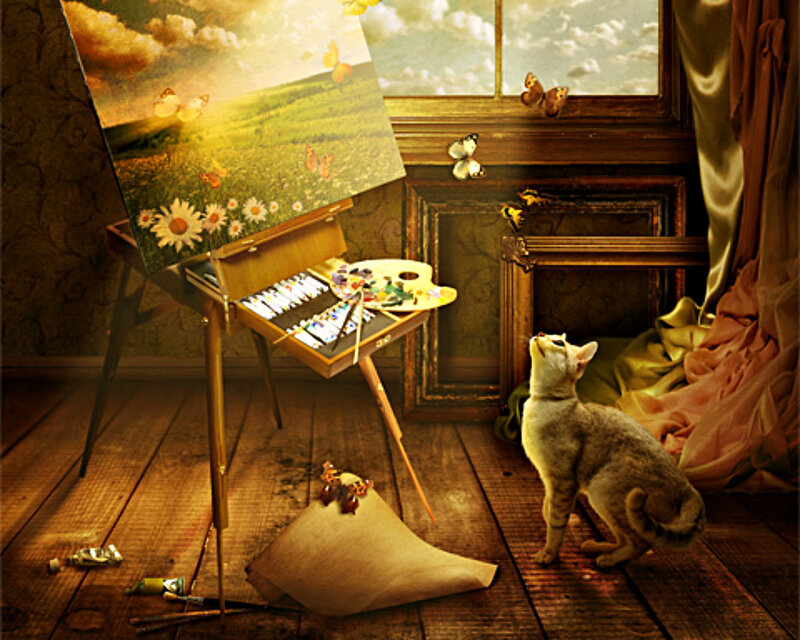 Cat Watching Painting — Brown